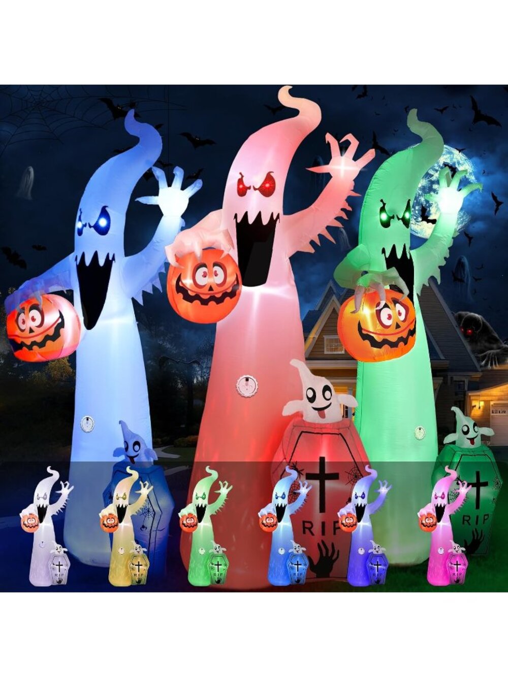 12FT Halloween Inflatables Pumpkin Ghost with LED Lights Scary Sound 8 Colors